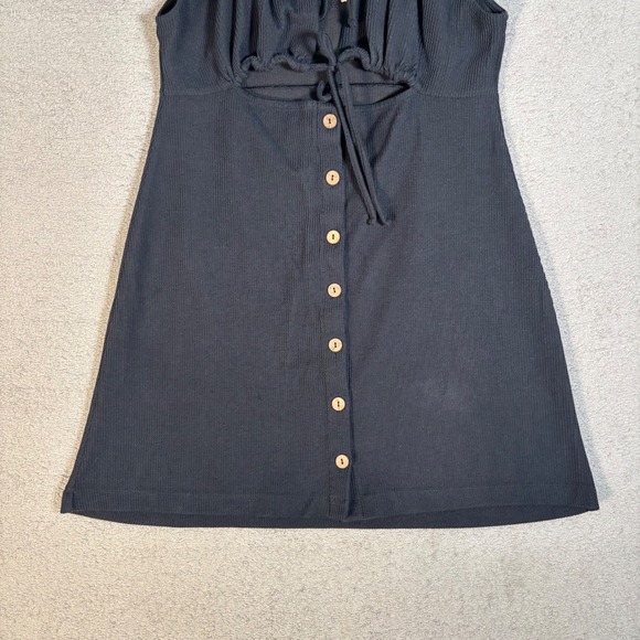 FP Beach Black Ribbed Mini Dress Size L Button Front Cutout Tie Neck Free People - Picture 7 of 12